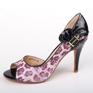 夏季时尚牛皮豹纹高跟鱼嘴牛皮凉鞋