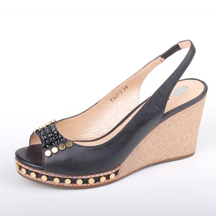 夏季时尚羊皮亚克力坡跟鱼嘴羊皮凉鞋